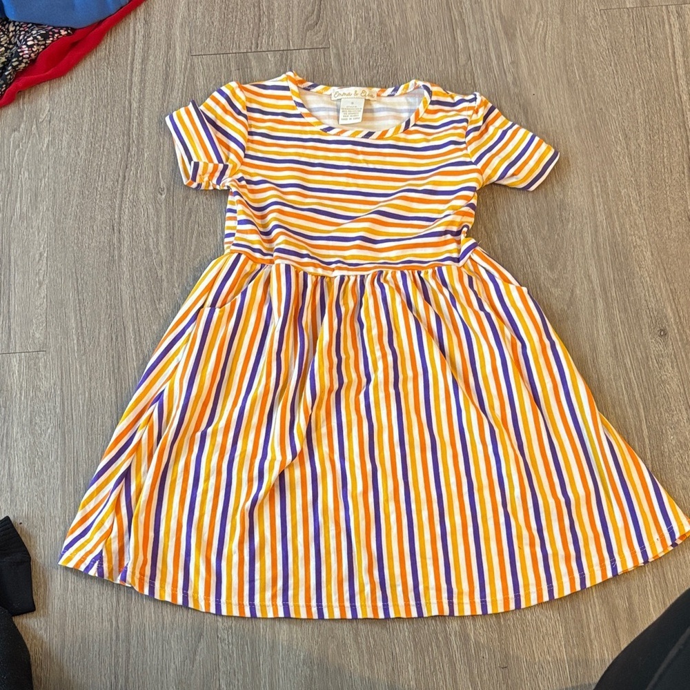 Vibrant Striped Kids Dress in Yellow and Purple